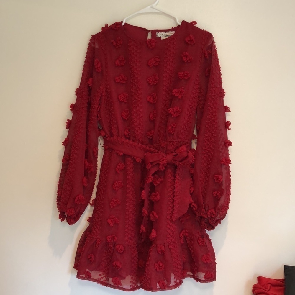A Calin by Flying Tomato Pompom Dress. Size Medium. Long sleeve. Red - Picture 3 of 8